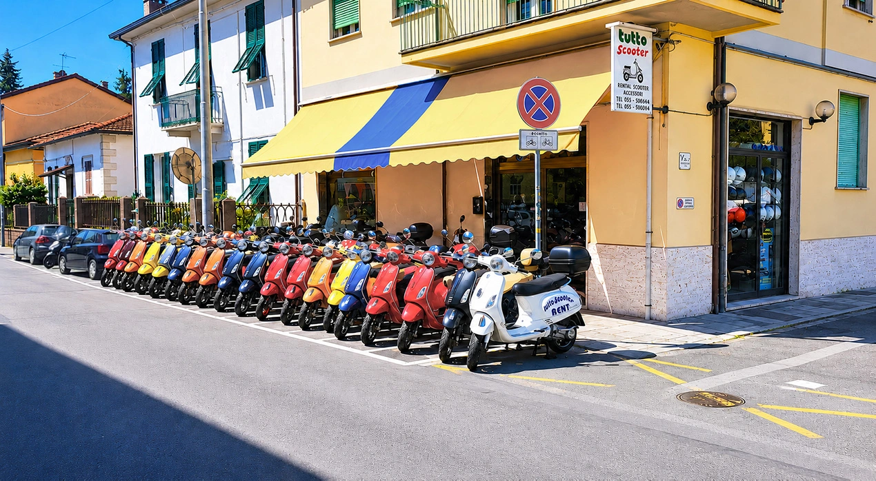 Vespa 125 zur Miete vor dem TuttoScooter-Geschäft in La Spezia
